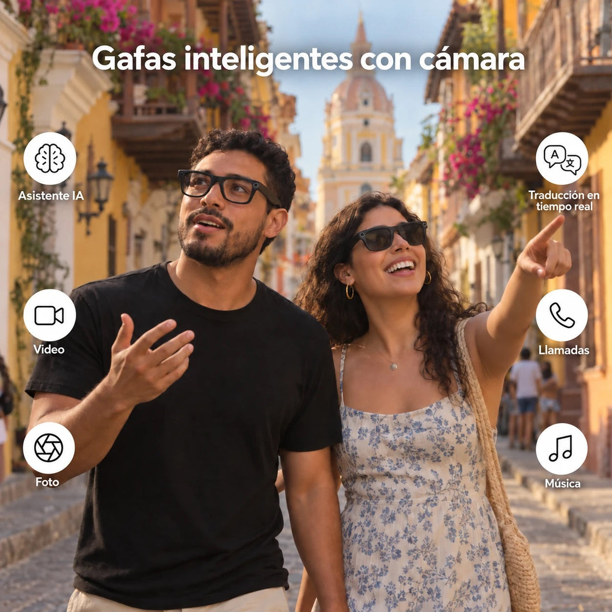 Gafas inteligentes con cámara: asistente IA, traducción, video, llamadas, foto y música