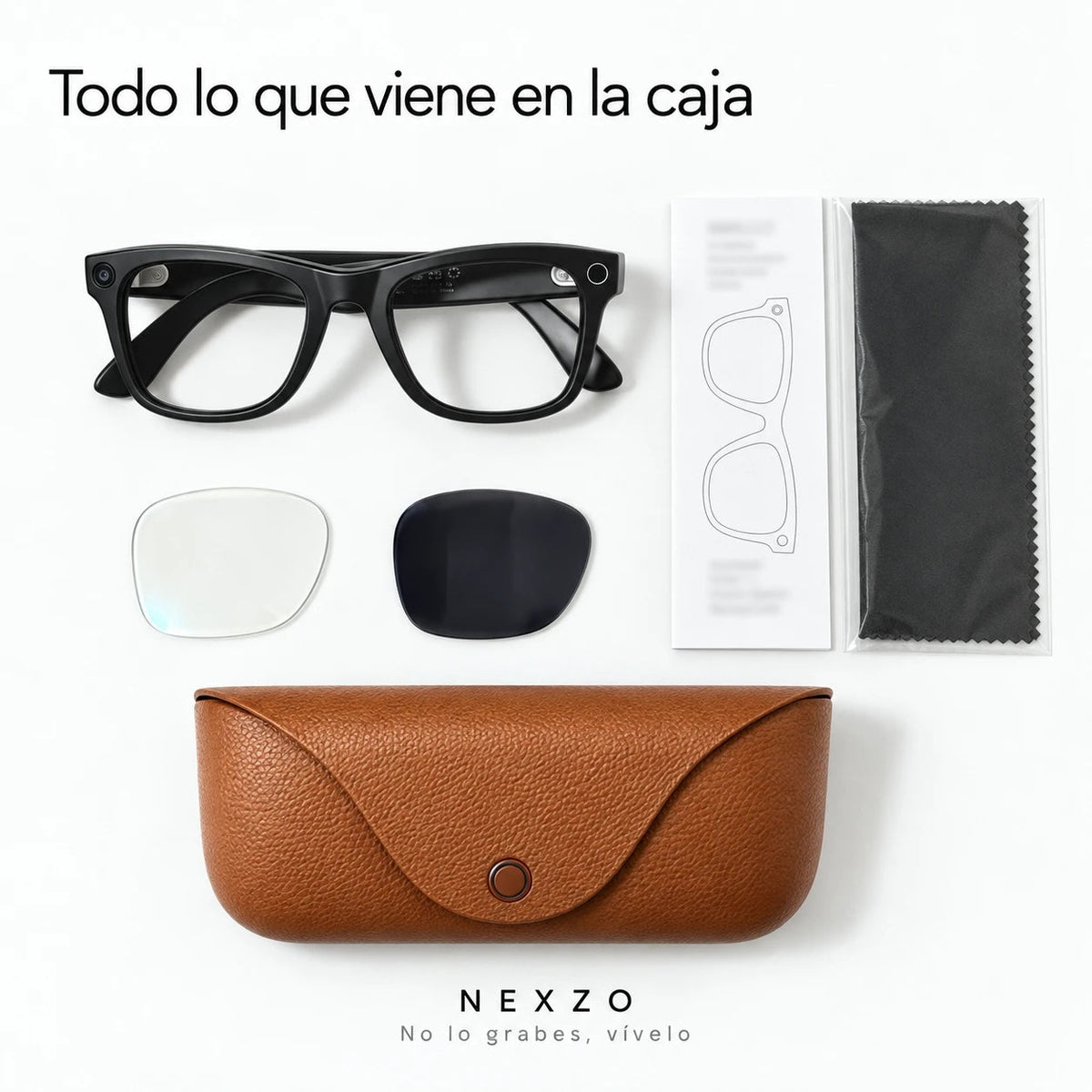 Todo lo que viene en la caja: gafas, lente clara, lente oscura, manual, paño y estuche